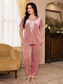 PalaceNights Autumn/Winter Velvet Lace Patchwork Plus Size 2 Pieces Pajama Set - Pink - View 7