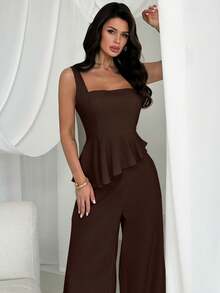 Firerie Spring/Summer Elegant Minimalist Daily Fashion Modern Commuter Fitted Women's Set, Dark Brown Solid Color Textured Fabric Sleeveless Tank Top Set - Brown - View 9
