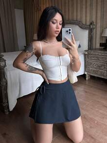 Flirla 女款純色高腰側綁帶休閒裙褲 日常度假 海軍藍 夏季 - 藏蓝色 - 查看 5