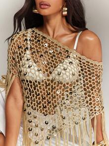 Denimoi Vacation Beach Club Sequin Decorated Tassel Hem Cover-Up, Party Going Out Beige Summer Sexy - Khaki - View 6
