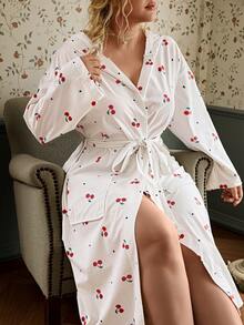 CottageSlumber Cherry Print Plus Size Robe, Casual Hooded Long Pajamas With Pockets - Apricot - View 7