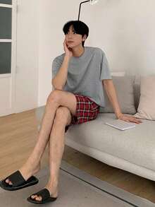 DAZY 男士純色休閒舒適圓領短袖T恤與格紋口袋短褲睡衣套裝 夏季 - 彩色 - 查看 3