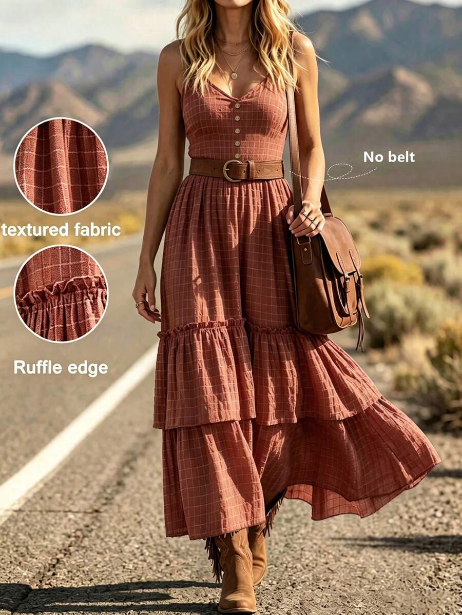 LanaWest CURVE Gaun Cami Panjang Berlapis-lapis Ukuran Plus dengan Hem Asimetris dan Kain Tenun Bertekstur - Merah - View 1