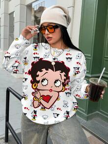 Betty Boop x SHEIN Plus Size Women's Crew Neck Sweatshirt All-Over Print Fall - White - View 4