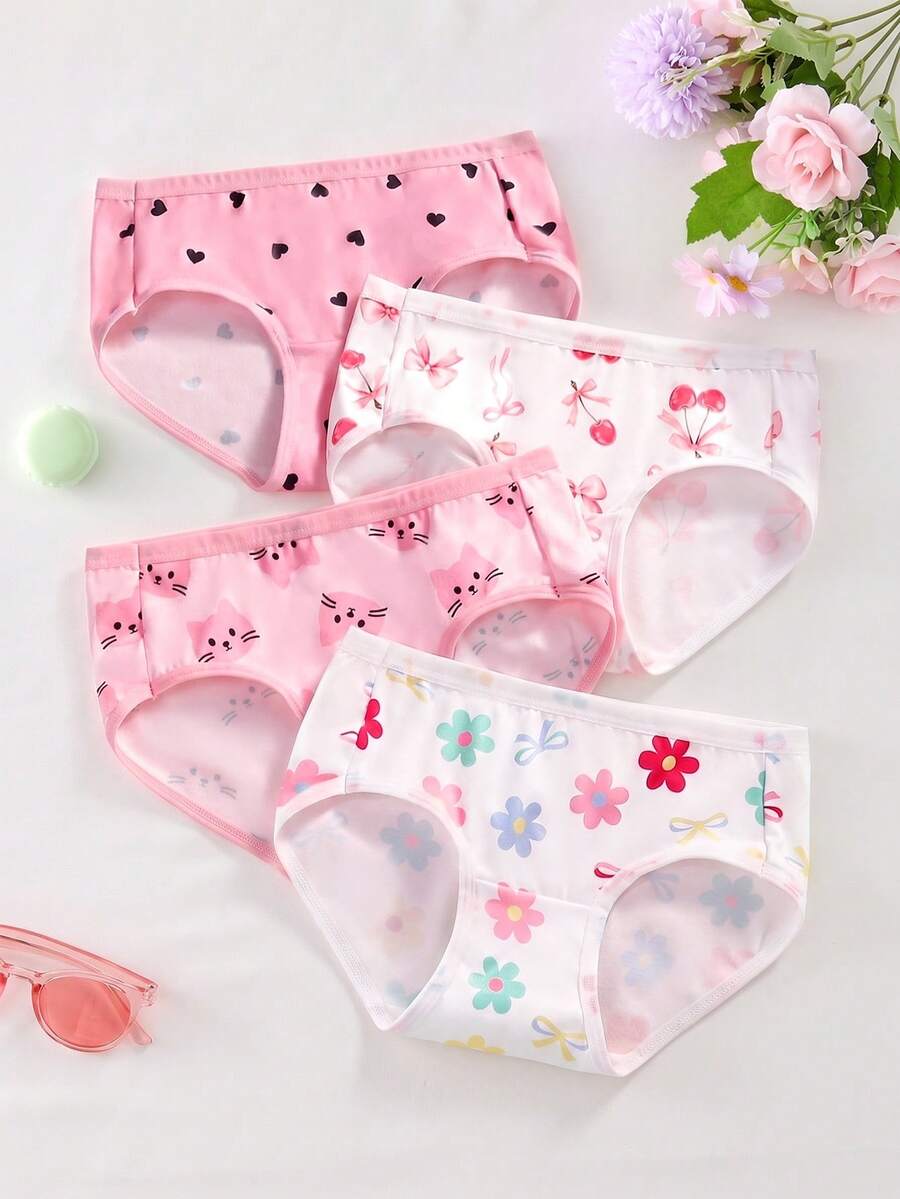 SHEIN 4件組女童少女內褲，愛心、花朵、櫻桃元素，柔軟光滑珍珠布料，適合日常基本需求、運動穿著，親膚舒適，四季輕便衣物 - 彩色 - 查看 1