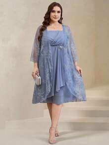 Reflora Conjunto elegante de bata y vestido de malla bordada para mujer de talla grande - Azul - Ver 1