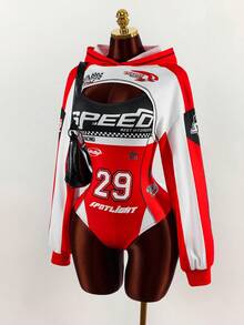 Amplova Motorcycle Style Long Sleeve Fitted Bodycon Bodysuit With Spaghetti Straps And Hoodie Sweatshirt Ribbed Long Sleeve Fitted Women's 2-Piece Set - Red - View 4