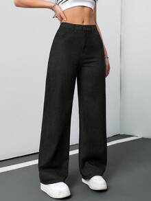 SHEIN 青少年女孩休閒百搭日常穿著牛仔褲，附口袋與鈕扣 - 黑色 - 查看 3