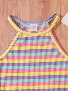 SHEIN Vestido casual de cuello halter acanalado para niña preadolescente - Morado - Ver 6