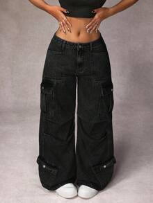 SHEIN PETITE Women's Casual Distressed Wide Leg Denim Jeans ,Petite Women - Black - View 5