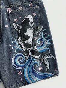 ROMWE MEN Anime Men's Distressed Washed Vintage Denim Shorts, Koi Cherry Blossom Wave Embroidery, Wide Leg Straight Knee-Length Shorts, Y2K Summer Retro Street Hip-Hop Style - Blue - View 4