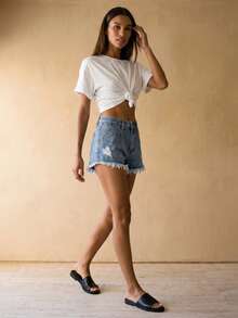 Rouah Women's Distressed Frayed Hem Denim Hotpant Short - Perfect For Summer, Summer Denim Short, Resort Short, Beach Short, Ripped Denim Short, Denim Ripped Hotpant - Baby Blue - View 3