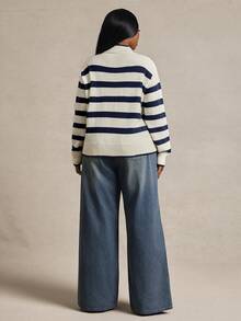 Radiana Curve Plus Size Women's Striped Stand Collar Drop Shoulder Long Sleeve Casual Sweater In Fall/Winter - Blue and White - View 3