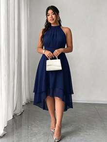 Elenzga Plus Size Round Neck Sleeveless Double Layer Ruffle Hem Asymmetrical Dress - Navy Blue - View 6