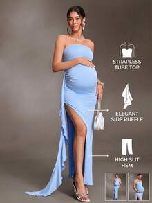 Cheriluna Maternity Maternity Solid Color Ruffle Trim Casual Party & Travel Strapless Dress - Blue - View 9
