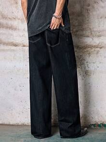 Skyrend 1件 Infinite Jeans 个性化设计飞机扣牛仔裤，男士休闲宽松直筒牛仔裤，日系街头风，宽松版型，做旧水洗（不含腰带和配饰） - 黑色 - 查看 2