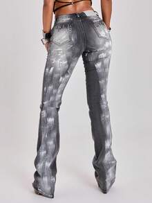 ACID BLVD Fall Y2K Hot Street Style Rhinestone Sequin Embroidered Pocket Distressed Washed Ultra Low Waist Straight Leg Slim Fit Bootcut Jeans - Black - View 3