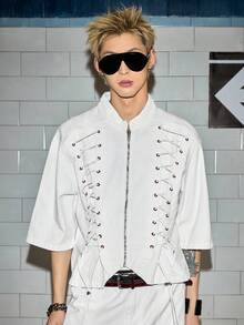 ROMWE MEN Casual 男士系带牛仔夹克，男团风格 - 白色 - 查看 5