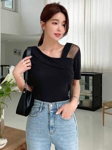 DAZY Contrast Mesh Asymmetrical Neck Tee Going Out Tops - Black - View 3