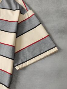 ROMWE MEN Men's Striped Loose Fit Crew Neck T-Shirt - Beige - View 4
