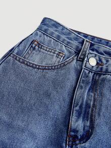 SHEIN MOD 女款牛仔裙休閒性感前開衩不對稱下擺藍色 - 深色水洗藍 - 查看 3