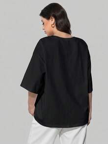 Maija Damen-T-Shirt in Große Größen, einfarbig, mit Rundhalsausschnitt, Drop-Shoulder, Knoten an der Taille, Seitenschlitz am Saum, lässig, Business Casual, gestrickt/gewebt, elegant, für Herbst und Halloween - Schwarz - Übersicht 7