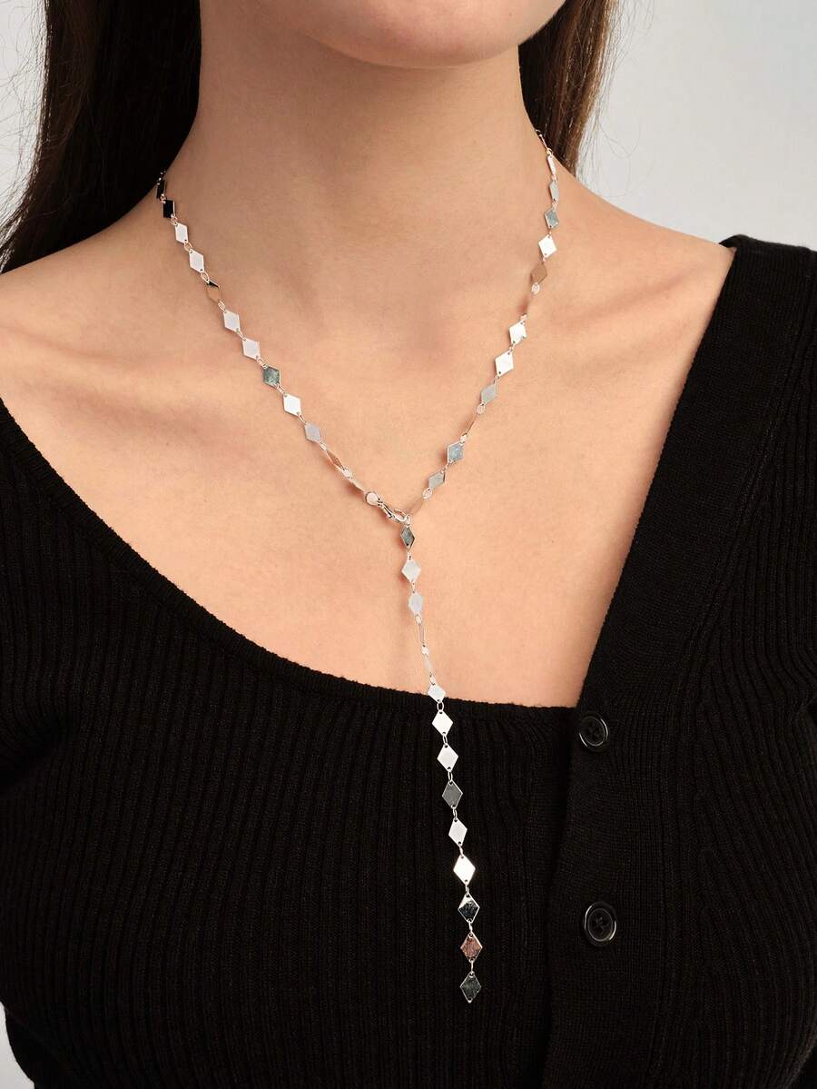 Vandermere 1pc Fashionable Minimalist Diamond-Shaped Elegant Sophisticated Creative Versatile Extra Long Snake Chain Y-Shaped Adjustable Necklace - Silver - View 1