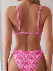 Swim Mod Pequeño conjunto de bikini estampado por separado, playa de verano - Rosa - Ver 3