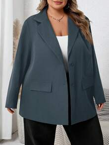 SHEIN CURVE+ Blazer de talla grande de unicolor para uso casual/oficina - Azul Marino - Ver 3
