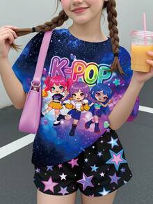 少女可愛休閒卡通女團圖案 星形短袖T恤與短褲兩件套 夏季適用 - 彩色 - 查看 1