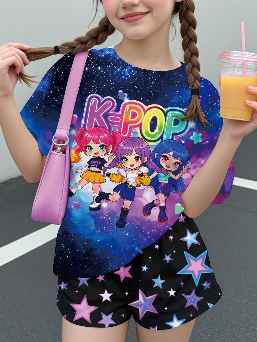少女可愛休閒卡通女團圖案 星形短袖T恤與短褲兩件套 夏季適用 - 彩色 - 查看 1