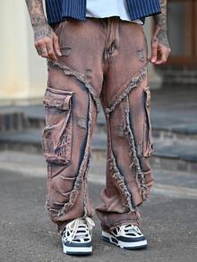 Devon Thys 1pc Men's American Fashion Street Patchwork Multi-Pocket Cargo Jeans, Loose Comfortable Wide Leg Casual Pants, Versatile All-Season Denim Trousers (Belt And Accessories Not Included) - Red - View 4