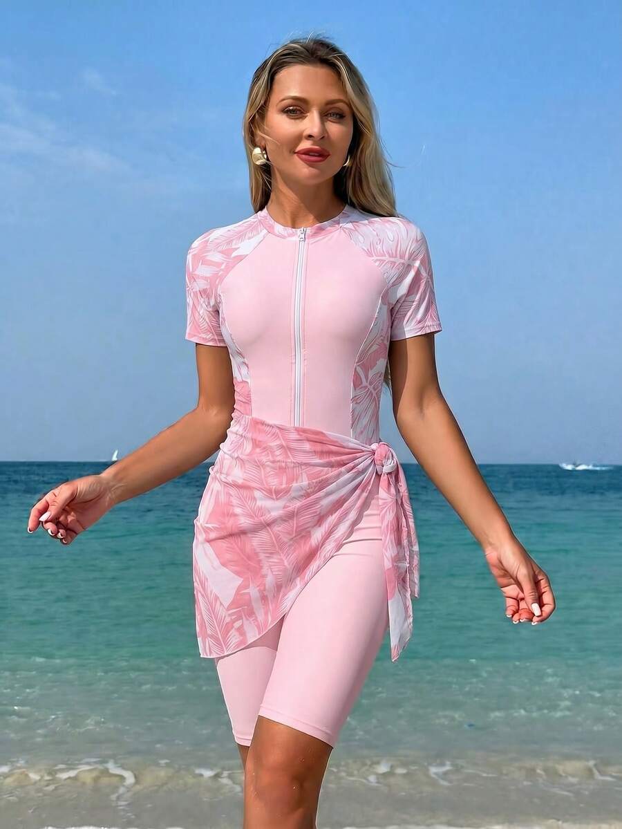 Swim Mulvari Set Burkini Wanita Lengan Pendek Motif Tanaman Tropis dengan Rok Penutup - Berwarna merah muda - View 1