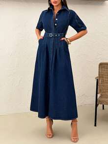 EURMUSE Vestido largo de mezclilla rígido con detalles de falda con volantes - Azul lavado oscuro - Ver 7