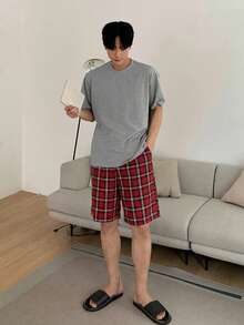 DAZY 男士純色休閒舒適圓領短袖T恤與格紋口袋短褲睡衣套裝 夏季 - 彩色 - 查看 7