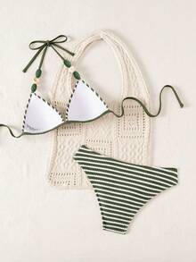 Swim Lushoire Swim Vcay-D 女款純色細肩帶串珠裝飾綁背三角比基尼兩件式泳衣 - 綠色 - 查看 2