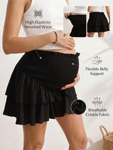 SHEIN Maternity Solid Color Vacation Shirred Design Ruffle Hem Skort - Black - View 9