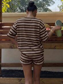 Muchica Women's Summer Letter Stripe Colorblock Print Round Neck Short Sleeve T-Shirt And Striped Shorts Casual 2-Piece Set - Multicolor - View 2