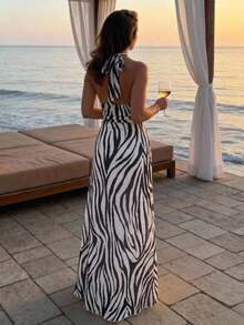 Aloruh Women's Zebra Print Halter Neck Deep V Sexy Dress, Ruched Waist Slimming Fit, Commute Versatile Street Style Long Fishtail Dress, Summer, Beach - Black and White - View 3