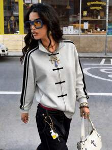 Muchica Contrast Color Light Grey Knit Cardigan For Women - Light Grey - View 1