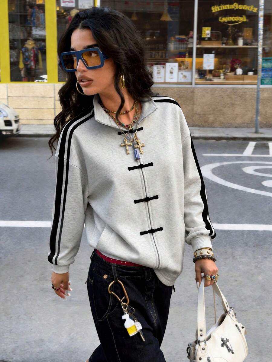 Muchica Contrast Color Light Grey Knit Cardigan For Women - Light Grey - View 1