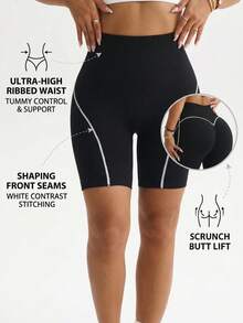 Rhythm Era 1 pieza Pantalones cortos de mujer de talla grande sin costuras con cintura alta y líneas cruzadas para entrenamiento, running, fitness, yoga y ciclismo - Blanco y Negro - Ver 1