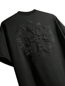 PAVTROS 男士標準版型 3D十字圖案刺繡短袖圓領T恤，休閒街頭風，純色 - 黑色 - 查看 1