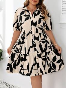 SHEIN CURVE+ 大尺碼US22音樂節海邊度假波希米亞風女款花卉豹紋短澎澎袖單排扣時尚襯衫洋裝 - 彩色 - 查看 9