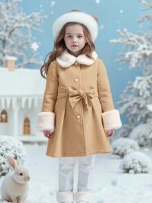 Emery Rose Kids Emery Rose Kids 少女秋冬百搭時尚拼接毛絨領中長版大衣，保暖內裡羊毛外套，秋冬外套 - 駝色 - 查看 4
