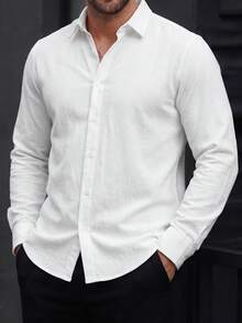 Manfinity CasualCool 男士輕商務風百搭白色棉質紋理長袖襯衫，成熟休閒通勤百搭辦公穿搭 - 白色 - 查看 6