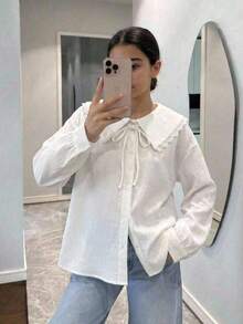 SHEIN Tween女孩蝴蝶結彼得潘領蕾絲飾邊袖學院風休閒百搭白色襯衫，優雅學院風休閒白色襯衫，秋冬百搭襯衫 - 白色 - 查看 7