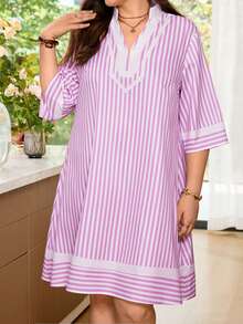 Rosumi Plus Size Women's Summer Casual Boho Smart Casual Bohemian Striped White 3/4 Sleeve Dress Wedding Guest Vacation - Pink - View 9