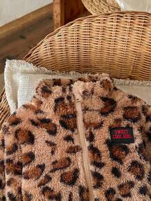 SHEIN LMoss Kids LMoss 女嬰可愛休閒毛絨立領夾克豹紋棕色冬季保暖舒適蓬鬆百搭街頭風秋季外套拉鍊式 - 彩色 - 查看 4
