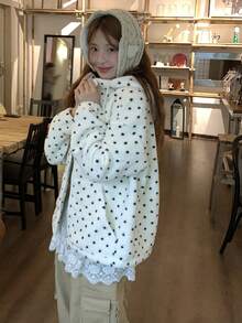 DAZY Women's Hooded Polka Dot Korean Style Casual Long Sleeve Jacket - Apricot - View 3
